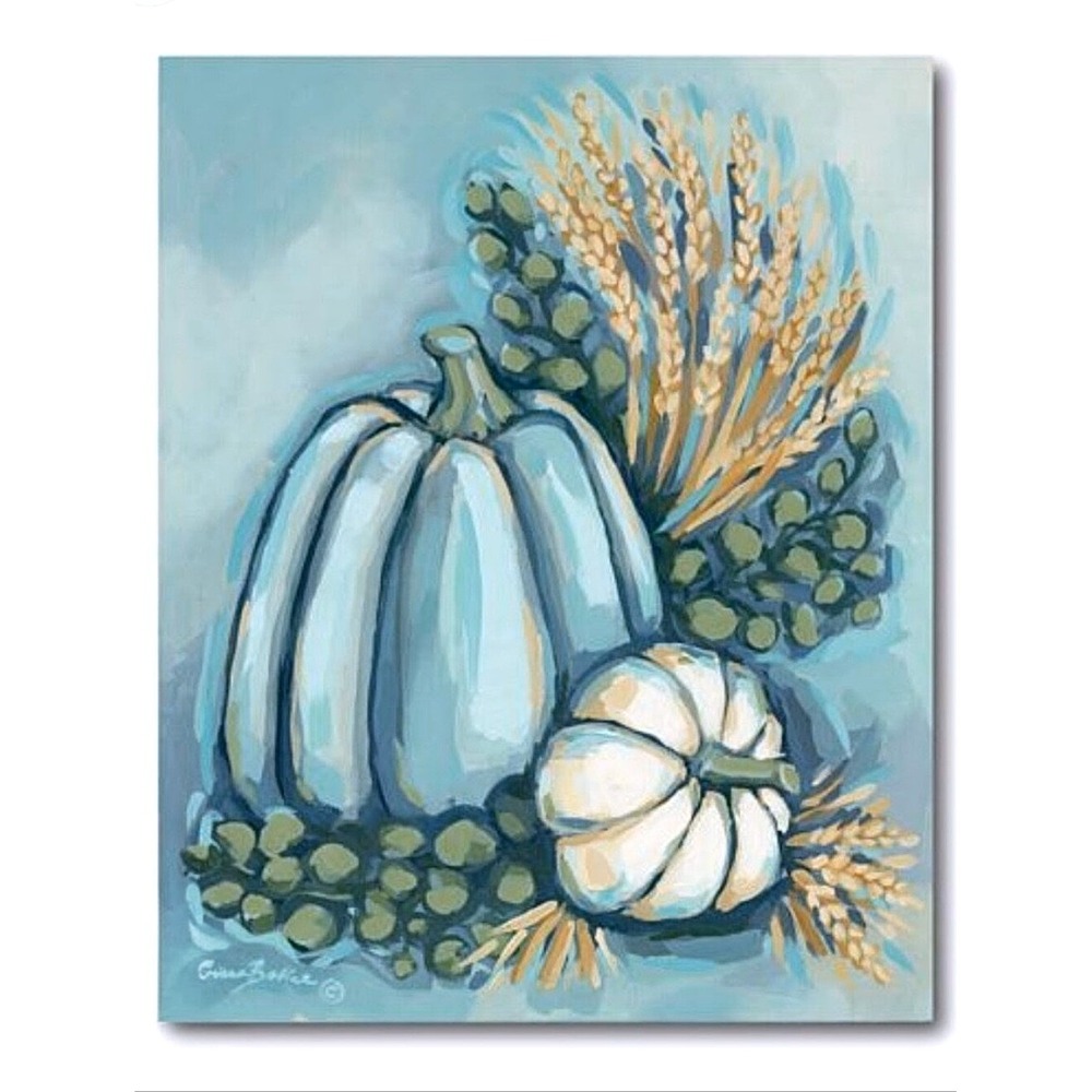 Fall Blue Pumpkin Painted Canvas Wall Art‎ Shabby Chic Signed Sara Baker